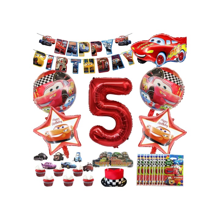 43 db-os autós partidísz készlet, 5 év, 5 db fólia lufi, ajándék tasakok, tortadísz, transzparens, számlufi, cupcake dekoráció, többszínű készlet