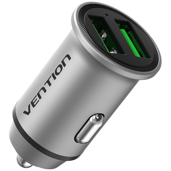 Incarcator auto Vention Two-Port USB A+A(18/18) Car Charger Gray Mini Style Aluminium Alloy Type
