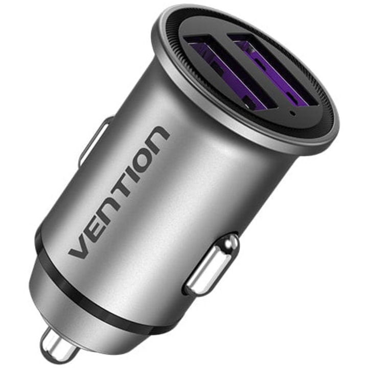 Зарядно устройство за кола Vention Two-Port USB A+A(30/30) Car Charger Gray Mini Style, Алуминиева сплав