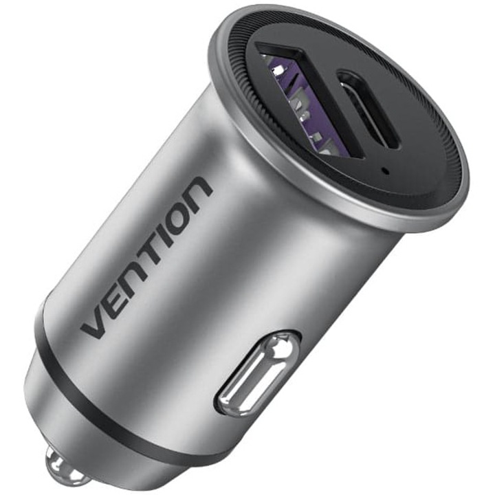 Зарядно устройство за кола Vention Two-Port USB A+A(30+30) Car Charger Gray Mini Style, Алуминиева сплав, Сив