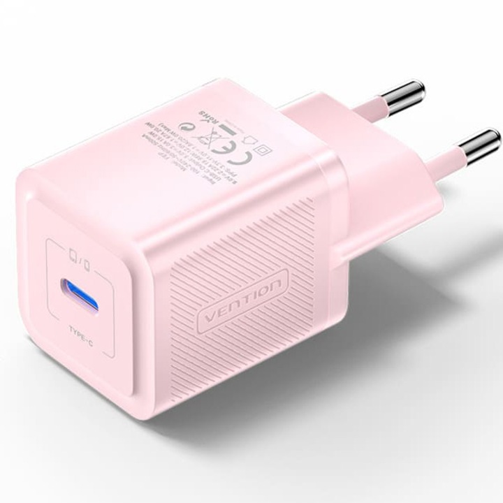 Incarcator retea Vention 20W, 1 x USB Type-C, 5V/3A, QC 3.0, Roz