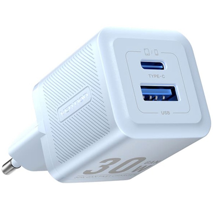 Incarcator retea Vention 30W, 1 x USB Type-C, 1 x USB, 5V/3A, PD 3.0, QC 3.0, QC 4.0, Albastru