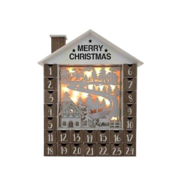 Адвент календар Hestia, Къщичка, Дърво, Бял, 31x38x6см