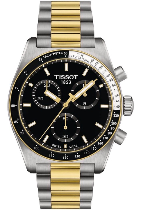 Ceas Tissot PR516 Chronograph, bratara otel inoxidabil 316L, negru, argintiu / auriu