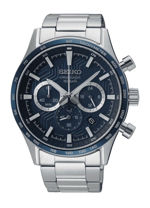 Ceas barbatesc Seiko Sport Chronograph SSB445P1, mecanism quartz, rezistent la apa 100m, cadran albastru, bratara otel inoxidabil, 43mm