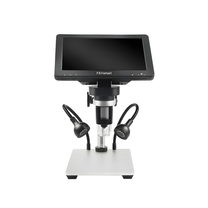 12 megapixeles FAVsmart® fejlett digitális mikroszkóp, 10x-1200x nagyítás, 13 nyelv, 7 hüvelykes HD LCD képernyő, 8 LED lámpa, állítható magasság és szög, hordozható, 1080 FullHD kép- és videórögzítés, 3,5 W, 70 mAh Autonómia 4 óra, fekete