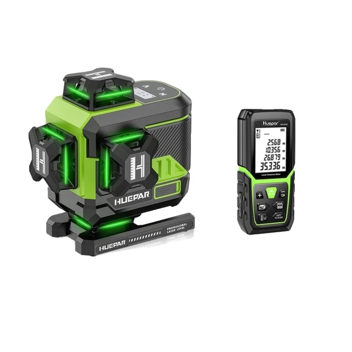 Лазерен нивелир 16 линии, Huepar, Bluetooth свързаност, комплект, зелен, самонивелиращ се, IP54