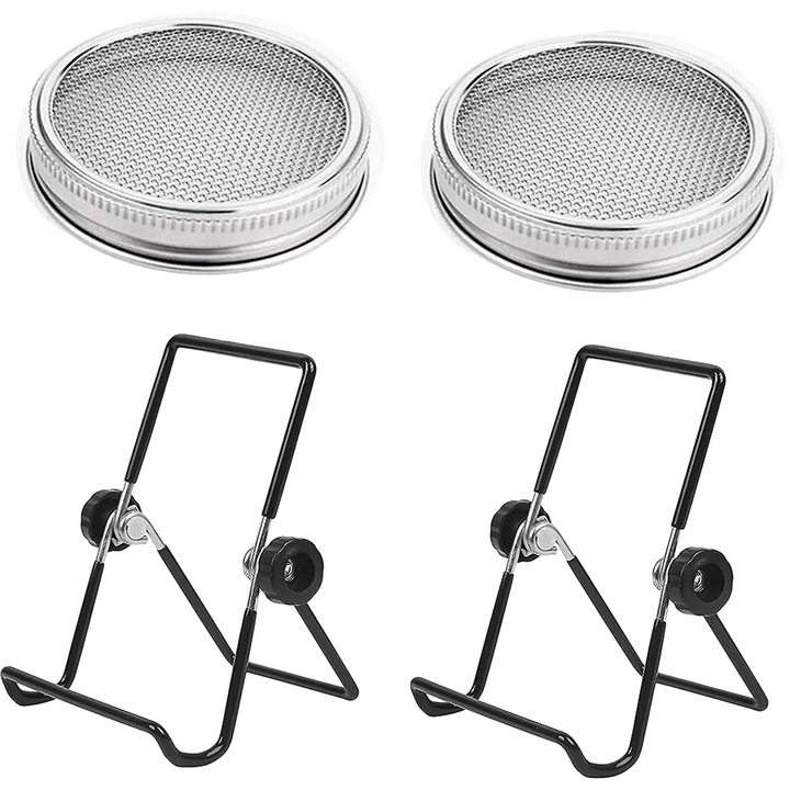 Set 2 capace germinare + 2 suporturi, QttvbTna, Inox, 12.5 x 9 cm / 8.5 x 1.5 cm, Argintiu / Negru