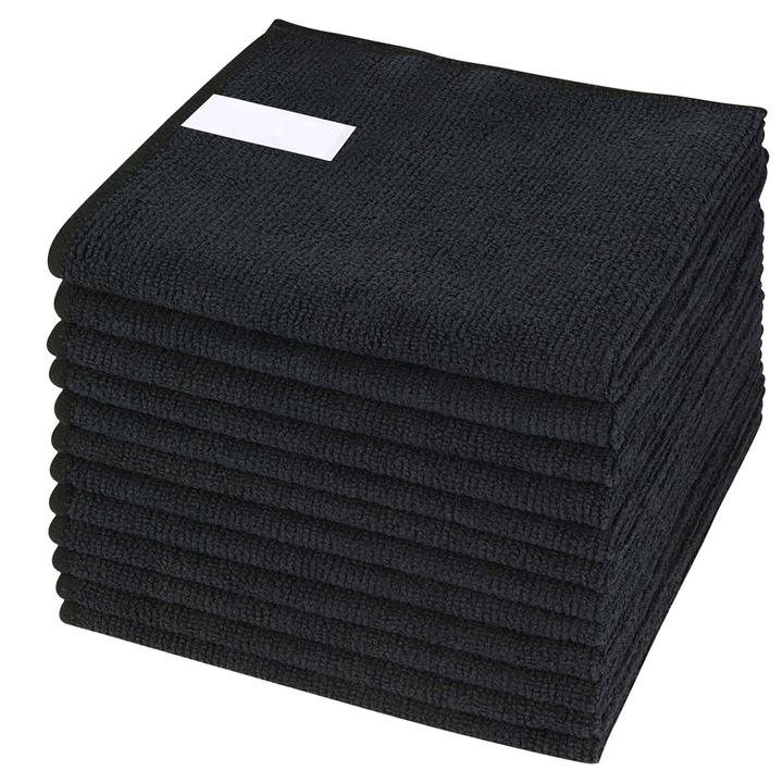 Set 12 lavete microfibra QttvbTna, absorbante, fara urme, negru, 30x30cm