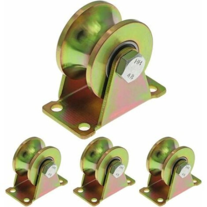 Set 4 Roti pentru poarta culisanta, QttvbTna, Otel Galvanizat, 50mm, Capacitate 300kg/Roata, verde/auriu