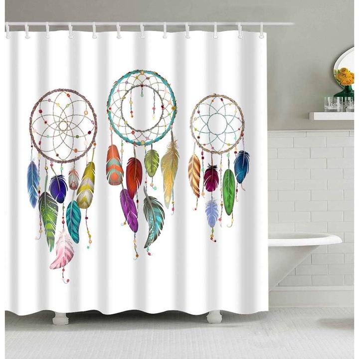 Perdea de dus QttvbTna, model Dreamcatcher, cu inele metalice, model etnic, 183x183cm
