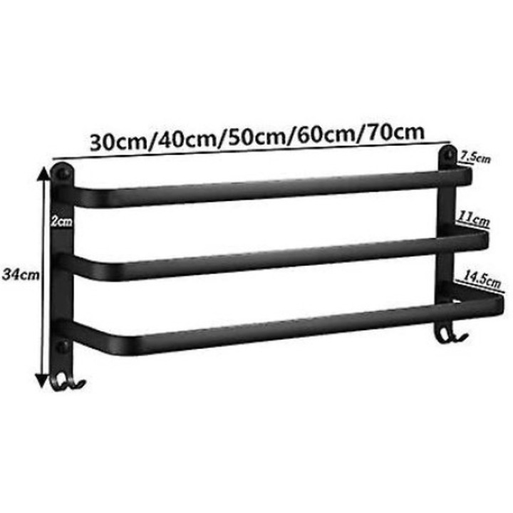 Fürdőszoba törölköző tartó, QttvbTna, 50cm, három rúd, fekete