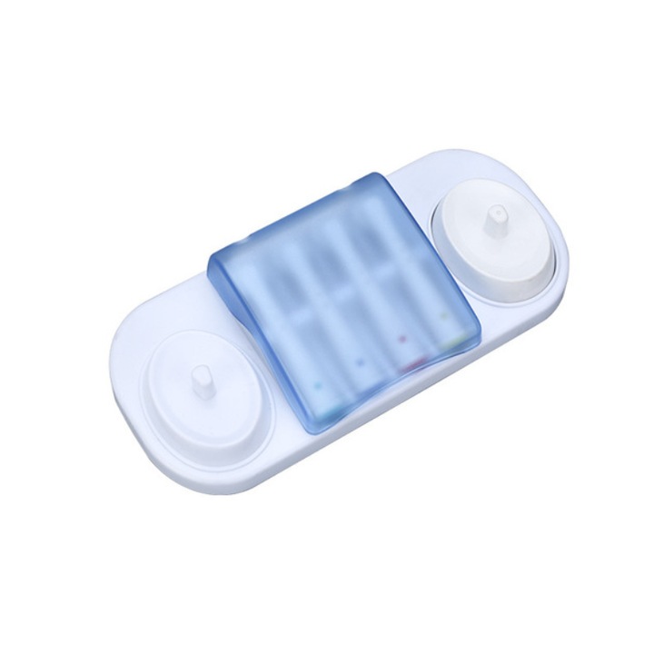 Suport periute de dinti electrice QttvbTna, compatibil Oral-B, 2 sloturi, alb si albastru, 19x9.2x3.8cm