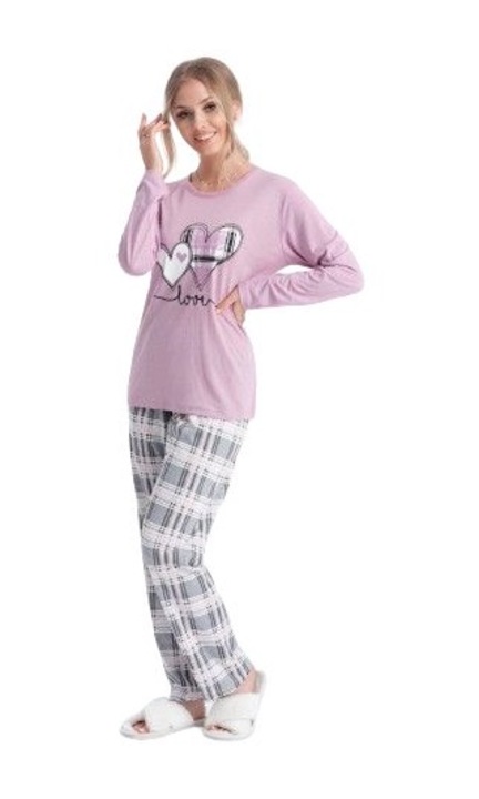 Pijama dama Rinda Heart, set 2 piese, bluza maneca lunga si pantaloni lungi, Lavanda