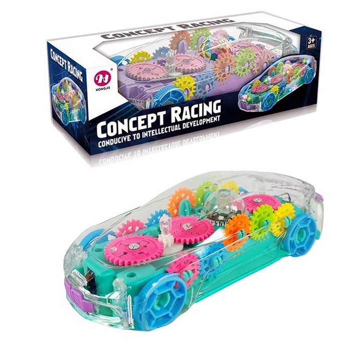 Chippo 147416-B gyermek világító átlátszó autó, mozgó fogaskerekekkel, világít, játszik, minden alkatrész mozog, rózsaszín, 18 cm