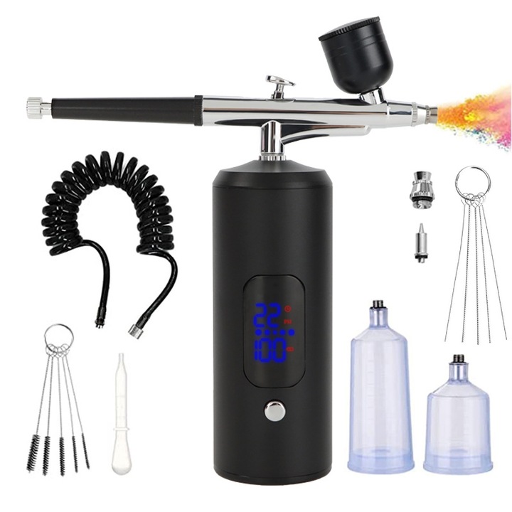 Hordozható Airbrush Készlet Kompresszorral és Levehető Tömlővel, Kézi Permetező, LCD Kijelző, 0,3 mm-es Fúvóka, Manikűr, Smink, Festés, Tortadíszítés, Graffiti, Ideiglenes Tetoválás, Fekete