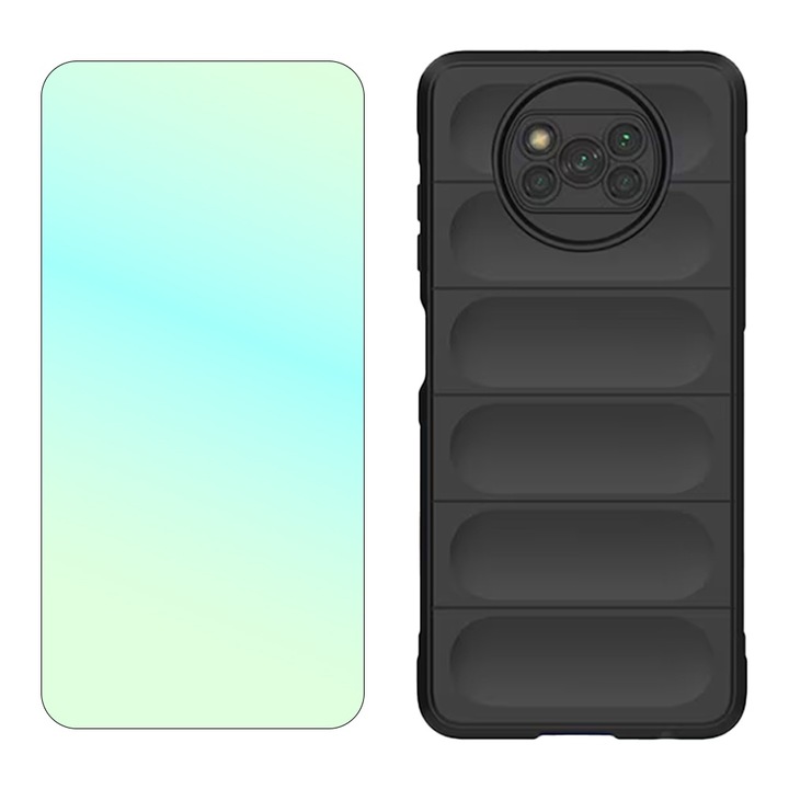 Комплект 2.5D стъклен протектор, Optically Clear Glass, Industry High 9H+ и силиконов Buffer калъф с микрофибър, За Xiaomi Poco X3 Pro, OPTIM SOLUTION, Military-Grade Resistance, Против пръстови отпечатъци, Flexible TPU, Ergonomic Design, Черен