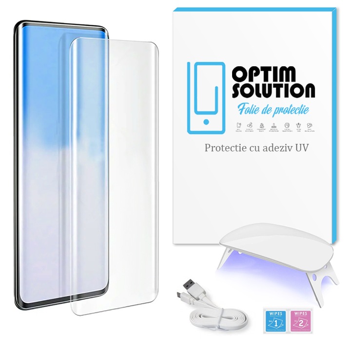 UV защитно фолио за VIVO Xplay 3S, Optim Solution, Hydrogel with UV Adhesive, Secure Silicone, Complete Kit, Включва лампа и кабел type C, Shock Absorbing, Long-Term Tested, Glass Texture, Clear