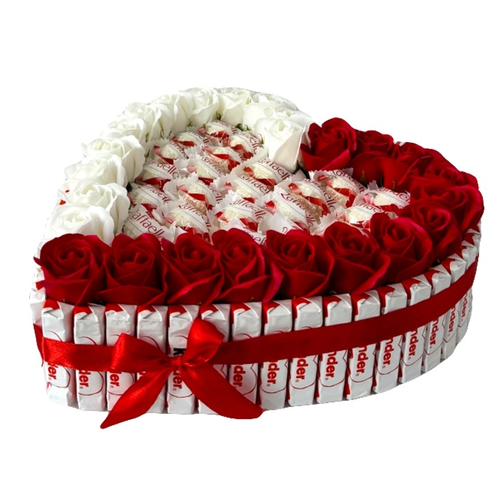 Aranjament Bonys in forma de inima cu 25 trandafiri din sapun, praline Raffaello si tablete de ciocolata Kinder, Velve