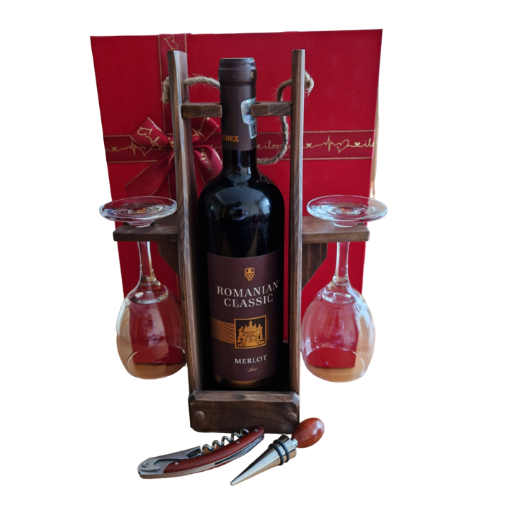 Set cadou cu vin Merlot Romanesc, pahare, accesorii vin, suport lemn natur, cutie decorativa