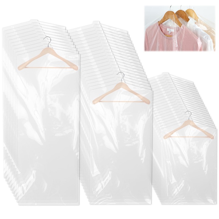 Set 50 Bucati Huse Protectie Haine, Plastic Transparent, 3 Dimensiuni, Reutilizabile, WALALLA