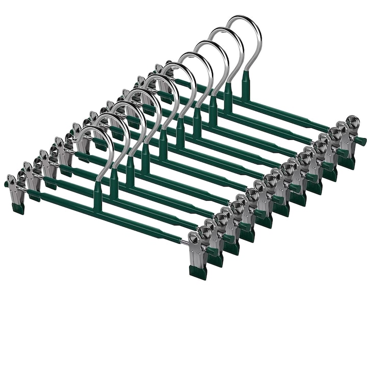 Комплект от 10 регулируеми закачалки за панталони, с щипки, спестяващи място, 30x12,5 см, зелени