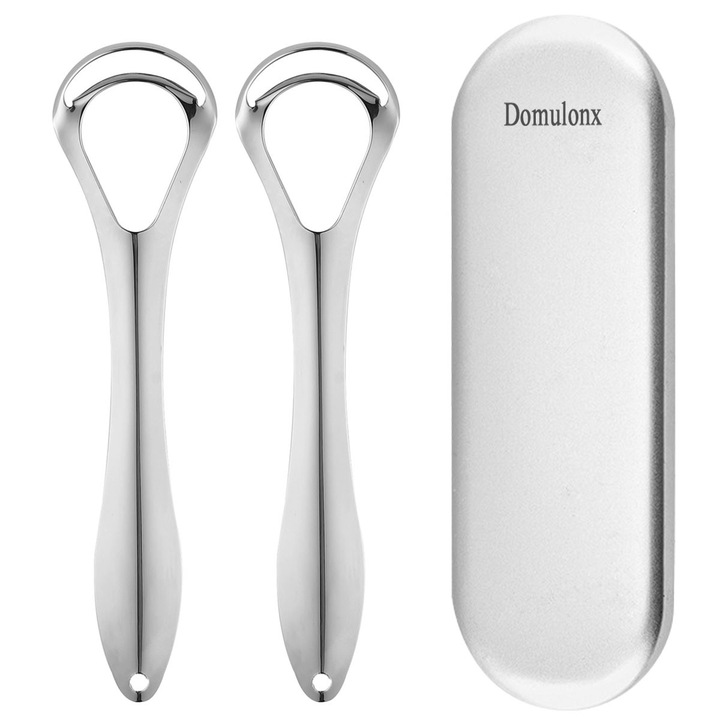 Set ustensile curatare pentru limba，din otel inoxidabil, cu etui, 14.5x3.5cm, argintiu