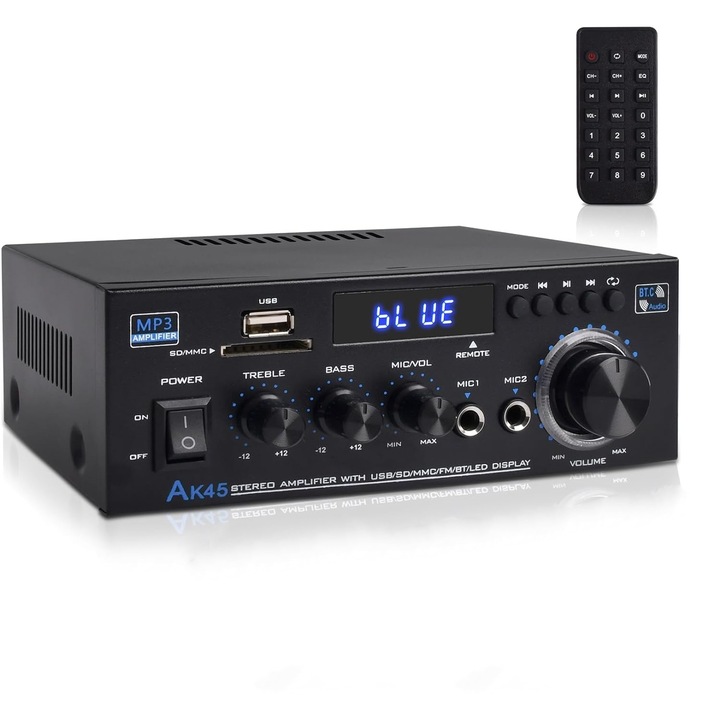 Цифров усилвател, GOSTOCK®, Bluetooth5.0/USB/SD, Тип станция, 2x40W, 2x300W, USB-SD входове, два входа за микрофон, MP3, FM, Дистанционно управление, Black Darth Vader