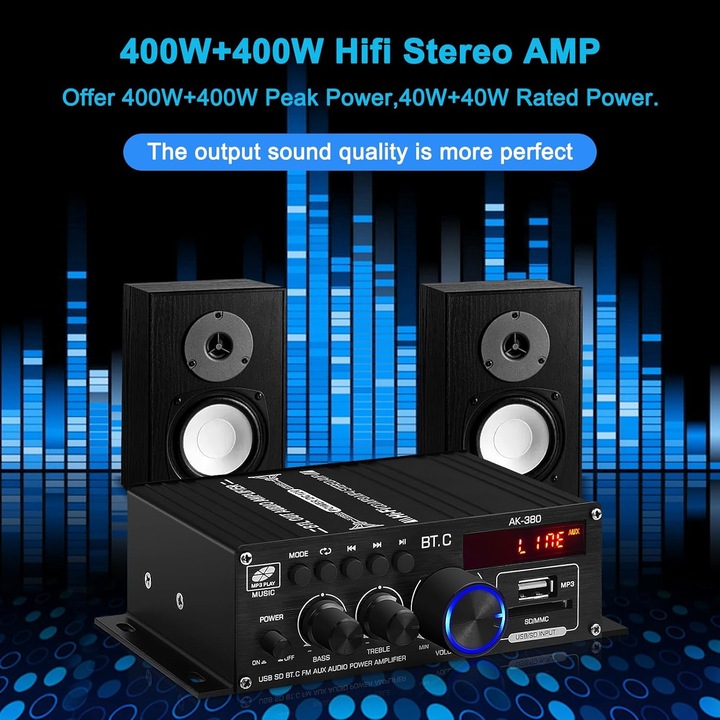 Аудио усилвател, EXCITED, 12V/220V, Bluetooth, USB, с радио функция, черен