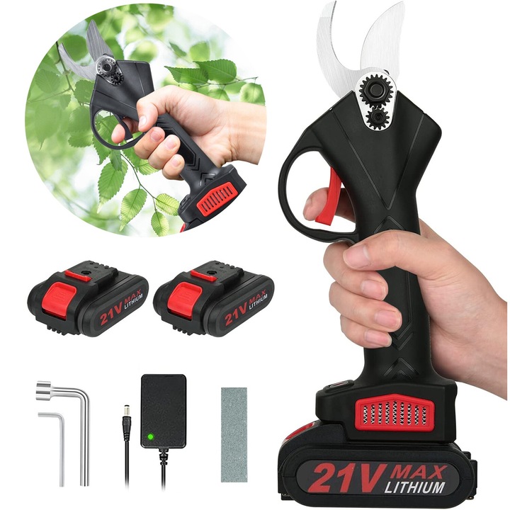 Foarfeca Electrica pentru arbusti si gradinarit, Ultrixe, 21V, portabila, 2 acumulator 1500MAH, Motor brushless, 30mm capacitate max taiere, 1 incarcator, autonomie mare, Negru