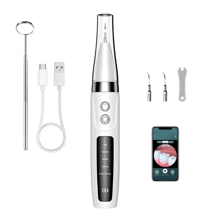 Fogkőeltávolító eszköz, Latauar, Smart Sonic Pro, 5 üzemmód, Ultrahangos vízkőmentesítés, vízálló, újratölthető akkumulátor, fehér