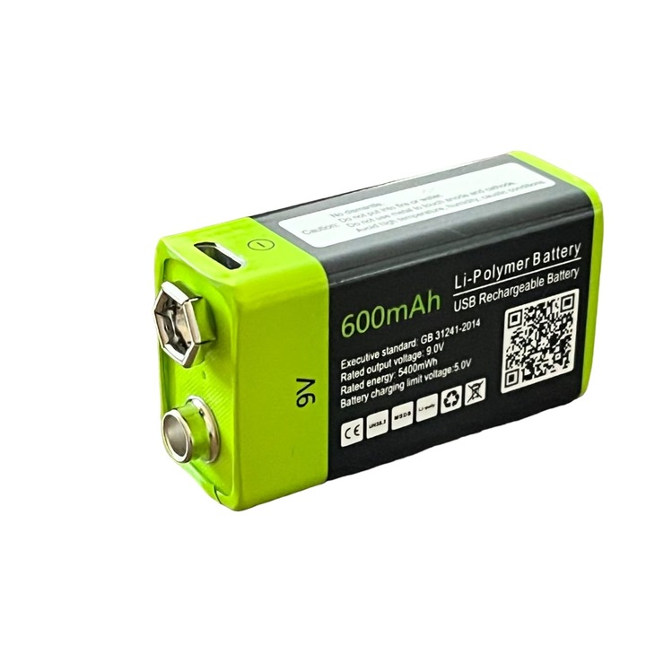 Acumulator 9V, 600 mAh, 5400 mWh, Li-Polymer, cu incarcare USB