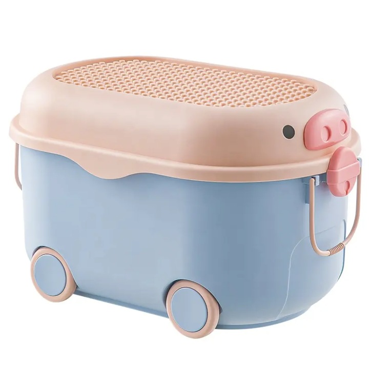 Cutie Depozitare Jucarii, Cu Roti, Porcusor, Polipropilena, Albastru/Roz, 56 l, 57x38x33 cm