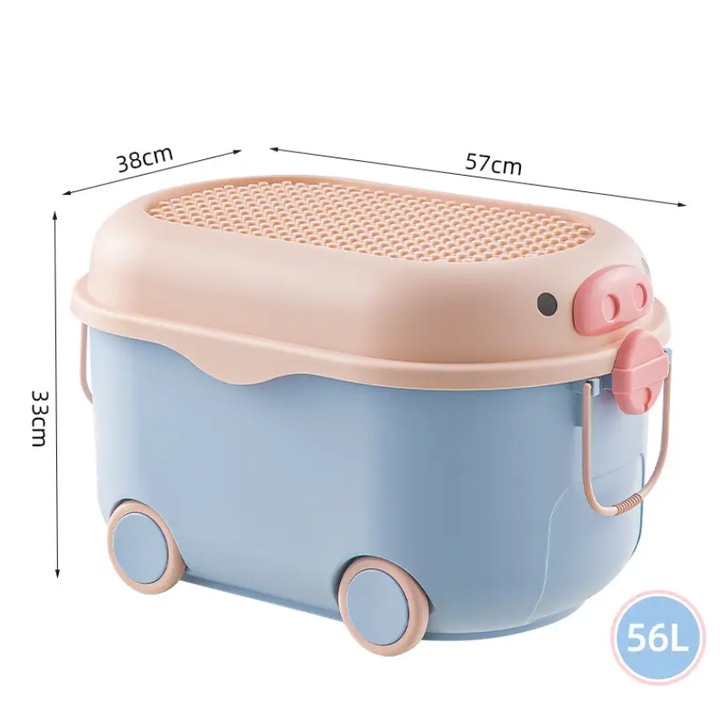 Cutie Depozitare Jucarii, Cu Roti, Porcusor, Polipropilena, Albastru/Roz, 56 l, 57x38x33 cm
