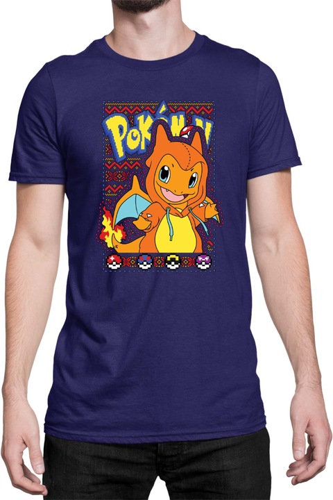 Férfi póló Japan Manga Anime Comics Tralala Pokemon Charmander 01, Tengerészkék