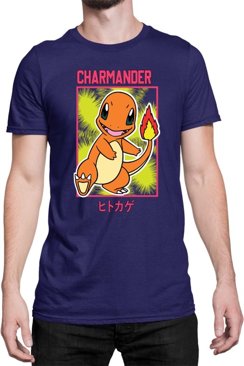 Férfi póló Japan Manga Anime Comics Tralala Pokemon Charmander 02, Tengerészkék