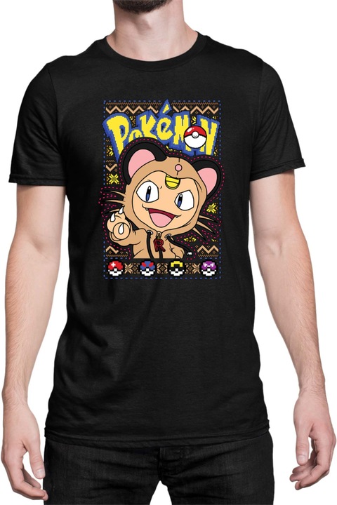 Férfi póló Japan Manga Anime Comics Tralala Pokemon Meowth, Fekete