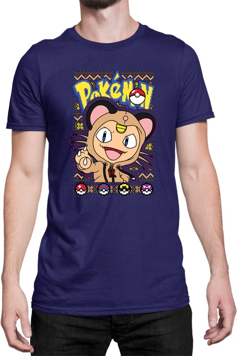 Férfi póló Japan Manga Anime Comics Tralala Pokemon Meowth, Tengerészkék