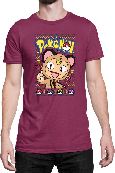 Férfi póló Japan Manga Anime Comics Tralala Pokemon Meowth, Bordó
