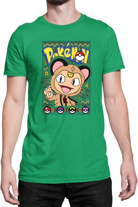 Férfi póló Japan Manga Anime Comics Tralala Pokemon Meowth, Zöld