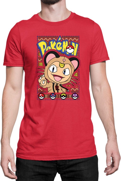 Férfi póló Japan Manga Anime Comics Tralala Pokemon Meowth, Piros