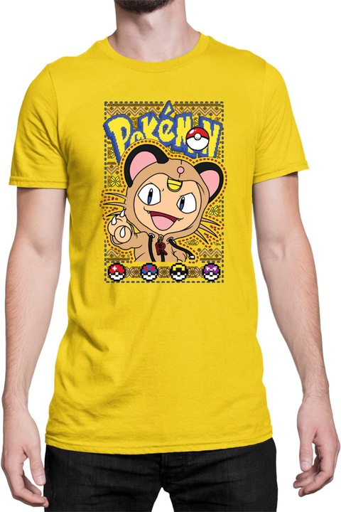 Férfi póló Japan Manga Anime Comics Tralala Pokemon Meowth, Sárga
