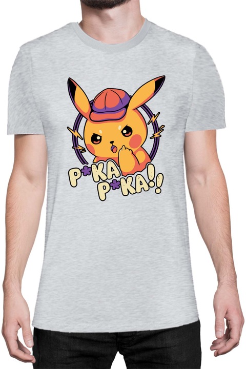 Férfi póló Japan Manga Anime Comics Tralala Pokemon Pika Pika, Melange világosszürke