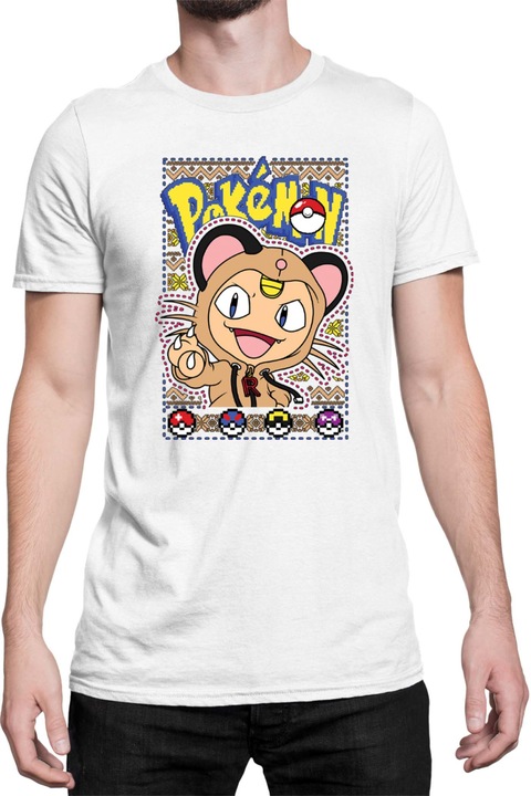 Férfi póló Japan Manga Anime Comics Tralala Pokemon Meowth, Fehér