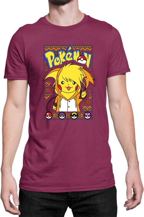 Férfi póló Japan Manga Anime Comics Tralala Pokemon Pikachu 03, Bordó