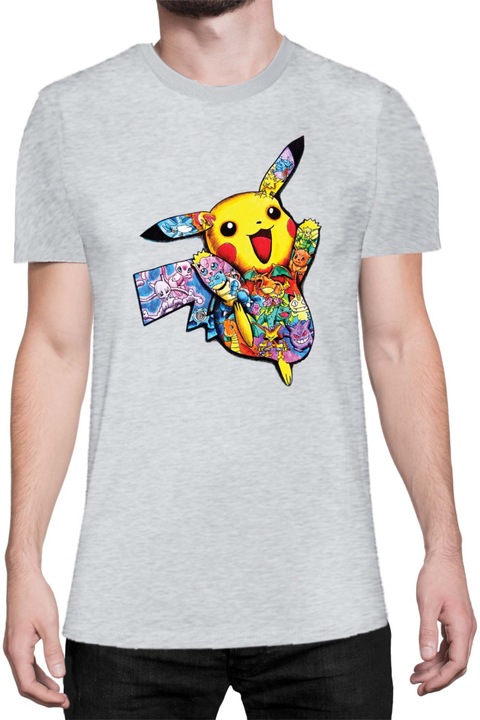 Férfi póló Japan Manga Anime Comics Tralala Pokemon Pikachu 05, Melange világosszürke