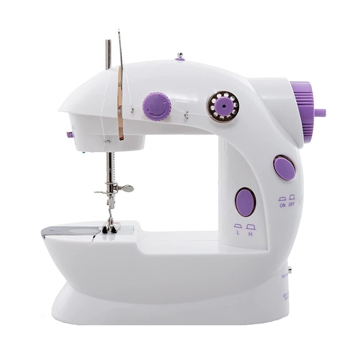 Masina de cusut portabila Vaxiuja, 2 viteze, lampa integrata, mov/alb, 20x19x10cm