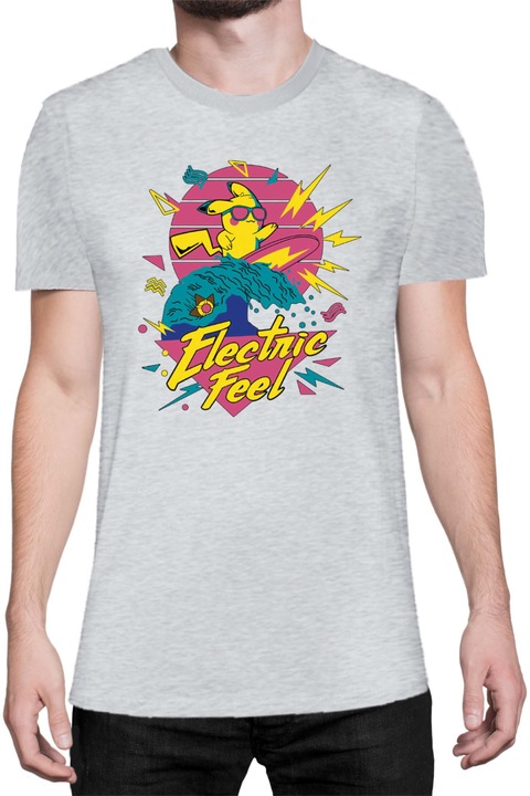 Férfi póló Japan Manga Anime Comics Tralala Pokemon Pikachu Electric Feel, Melange világosszürke