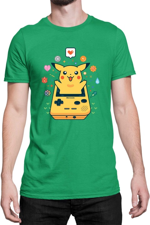 Férfi póló Japan Manga Anime Comics Tralala Pokemon Pikachu Gameboy, Zöld