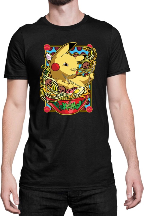 Férfi póló Japan Manga Anime Comics Tralala Pokemon Pikachu Ramen, Fekete